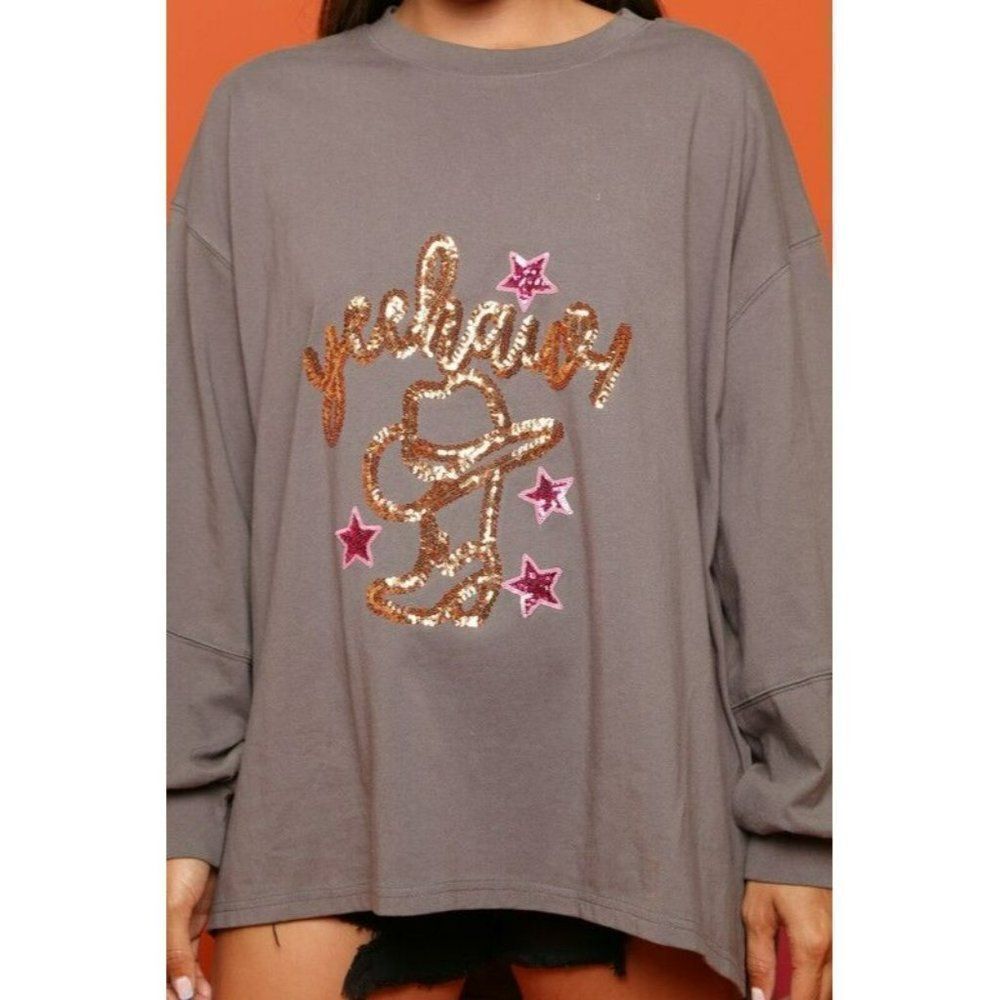 Fantastic Fawn Charcoal Yeehaw Star Sequin Patch Knit Western Top IFKT51844-04 - Picture 5 of 12